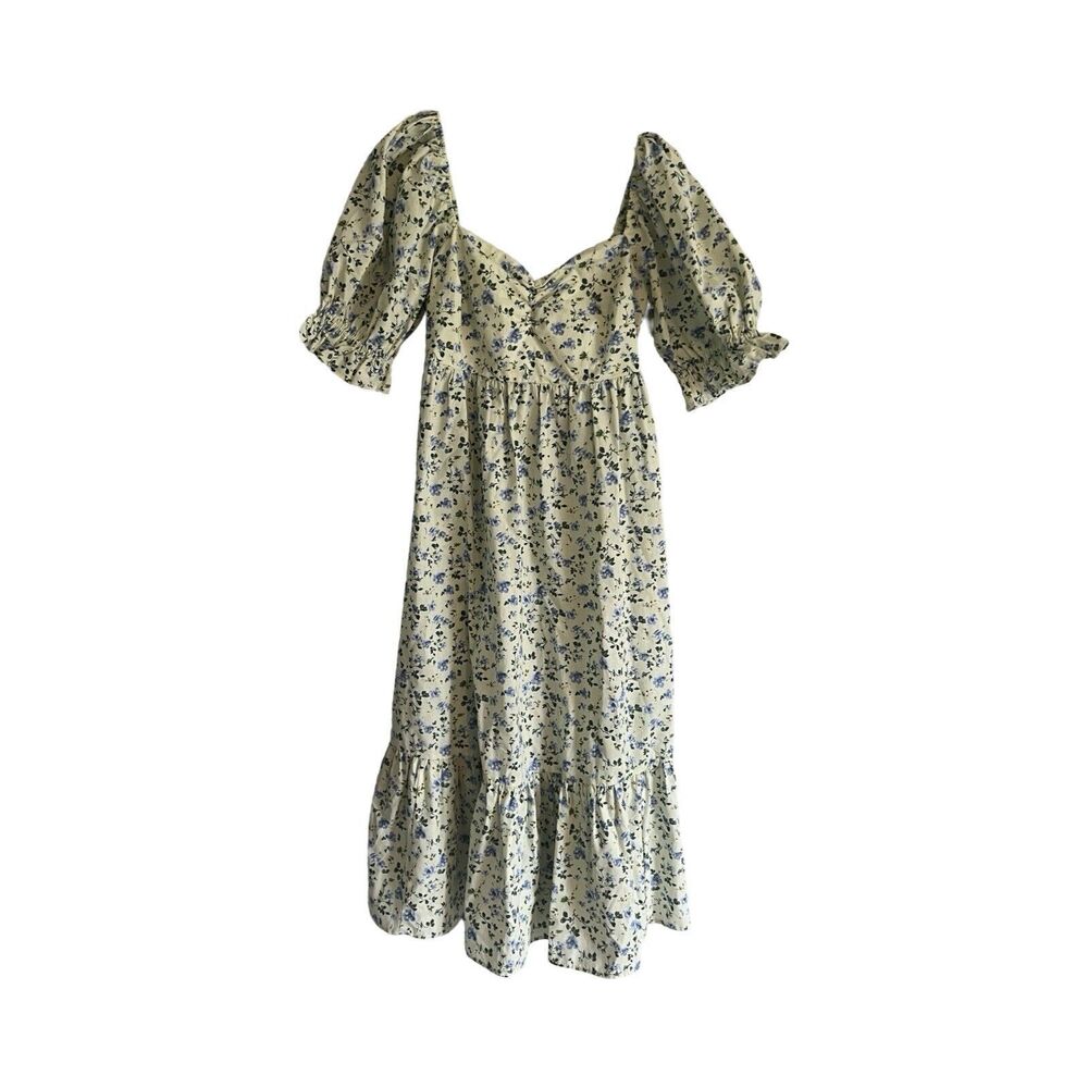 Abercrombie & Fitch Poplin Puff Sleeve Midi Dress Green/blue Size Small